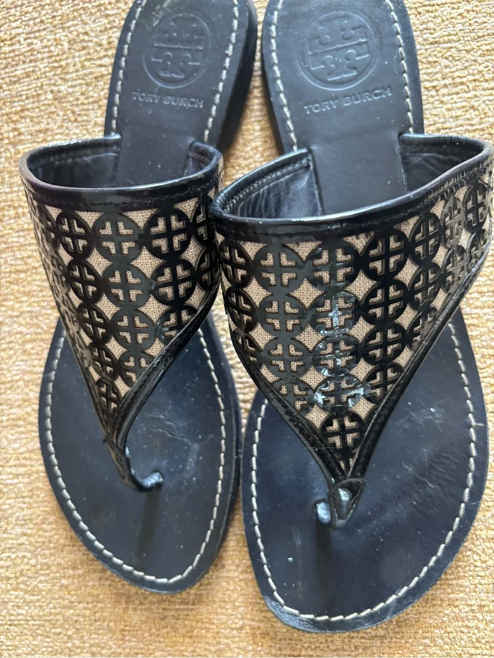 Tory Burch Navy blue and ivory thongs Laser-Cut Leather Toe-Post Sandals 8M